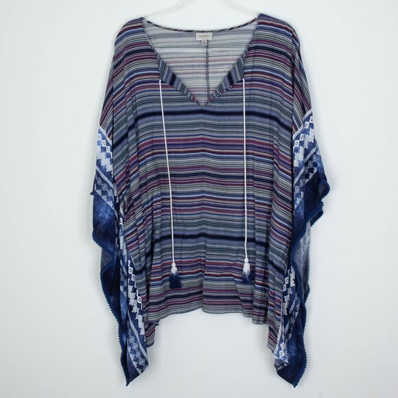 Avenue Womens Striped Kaftan Top Size 18/20 Blue Tassels Lagenlook Southwestern - Picture 1 of 10